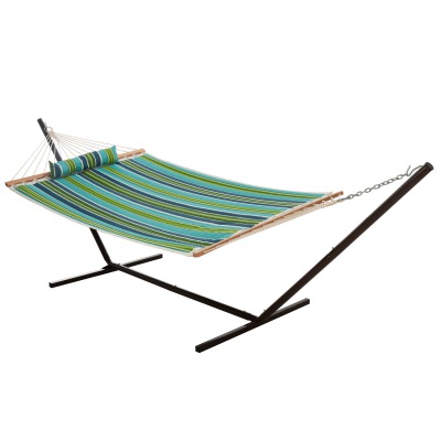Large 45'' Quilted Fabric Hammock with Patented KD Space Saving Hammock Stand and Pillow Combo - Blue and Green Stripe