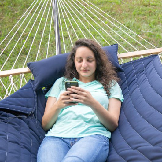 Rope Hammock with Navy Hammock Pad, Pillow and Stand Combo