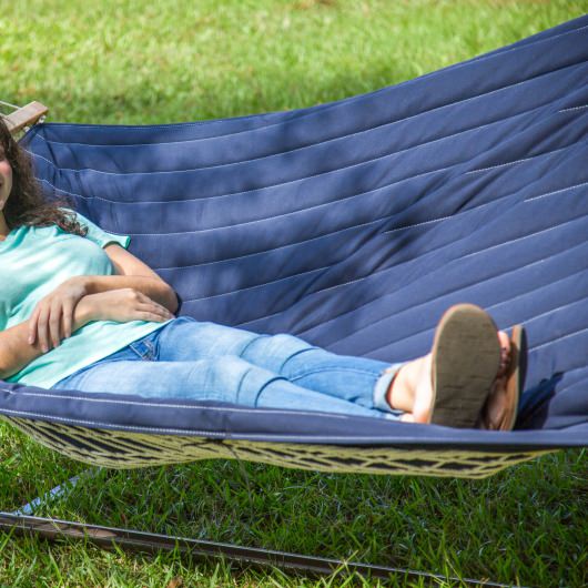 Rope Hammock with Navy Hammock Pad, Pillow and Stand Combo