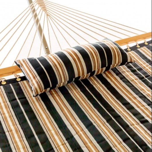 Deluxe 52'' Quilted Fabric Hammock with Patented KD Space Saving Hammock Stand and Pillow Combo - Beige and Black Stripe