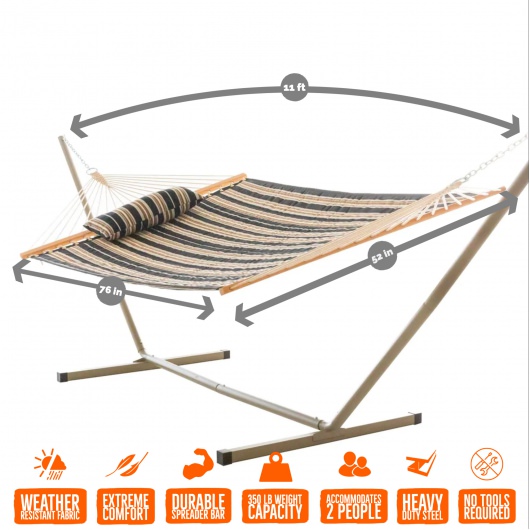 Deluxe 52'' Quilted Fabric Hammock with Patented KD Space Saving Hammock Stand and Pillow Combo - Beige and Black Stripe