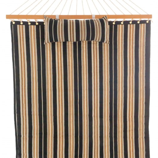 Deluxe 52'' Quilted Fabric Hammock with Patented KD Space Saving Hammock Stand and Pillow Combo - Beige and Black Stripe