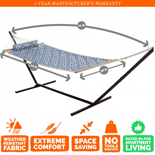 Single 36'' Quilted Fabric Hammock with Patented KD Space Saving Hammock Stand and Pillow Combo - Navy