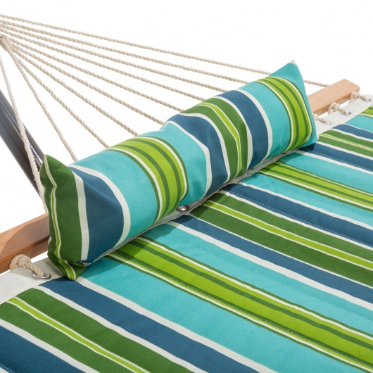 Single 36'' Quilted Fabric Hammock with Patented KD Space Saving Hammock Stand and Pillow Combo - Blue and Green Stripe