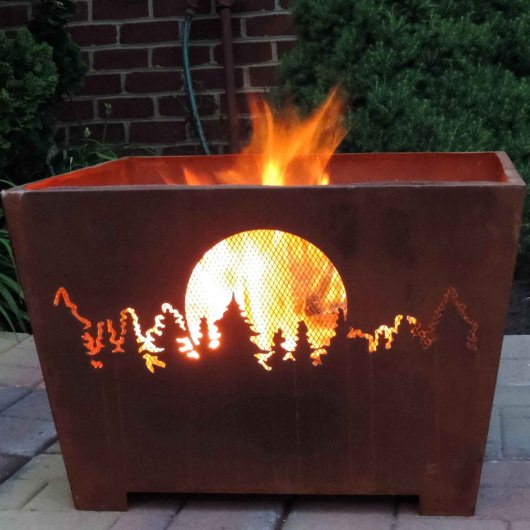 Forest and Moon Fire Basket with Patina Rust Finish