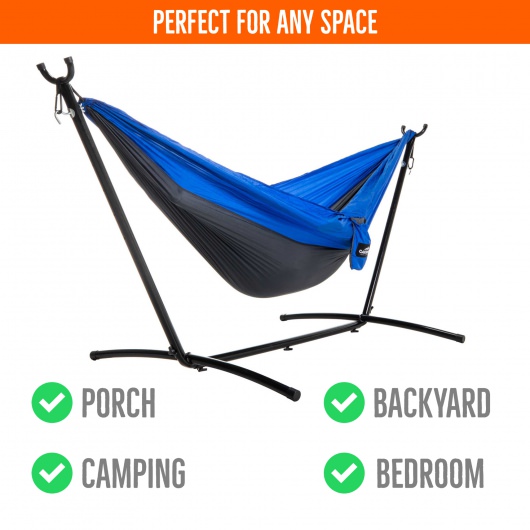 Double Travel Hammock Combo with Space Saving Stand & Storage Bag - Blue/Charcoal