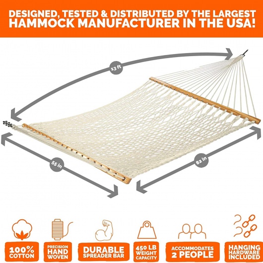 13 ft. Double Traditional Cotton Rope Hammock with Hanging Hardware & Storage Bag Included