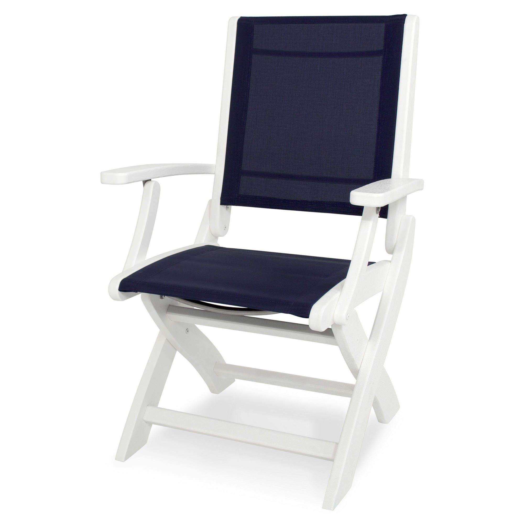Polywood Coastal Folding Chair With White And Navy Blue Sling