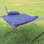 Rope Hammock with Navy Hammock Pad, Pillow and Stand Combo