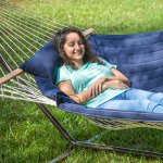 Rope Hammock with Navy Hammock Pad, Pillow and Stand Combo