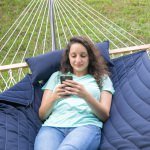 Rope Hammock with Navy Hammock Pad, Pillow and Stand Combo