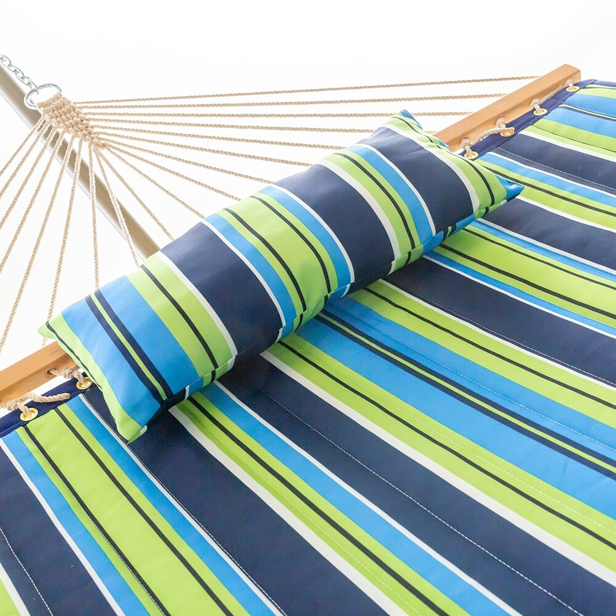 Blue and Green Stripe Quilted Hammock Combo with Small Stand and Pillow