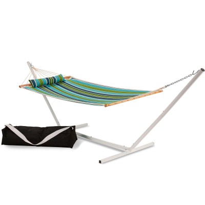 Single 36'' Quilted Fabric Hammock with Patented KD Space Saving Hammock Stand, Pillow & Storage Bag Combo - Blue and Green Stripe