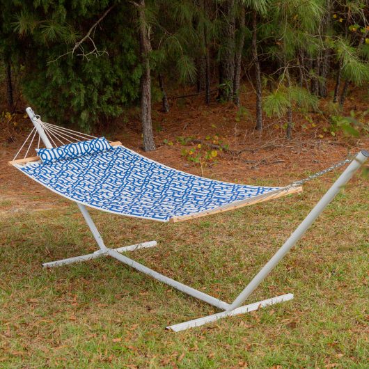 Single 36'' Quilted Fabric Hammock with Patented KD Space Saving Hammock Stand, Pillow & Storage Bag Combo - Navy