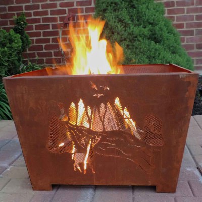 Nature Scene Fire Basket with Patina Rust Finish