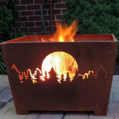 Forest and Moon Fire Basket with Patina Rust Finish