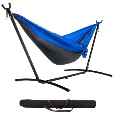 Double Travel Hammock Combo with Space Saving Stand & Storage Bag - Blue/Charcoal