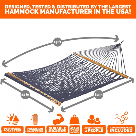 13 ft. Double Navy Polyester Rope Hammock with Hanging Hardware & Storage Bag Included