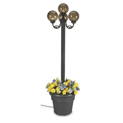 Black European Four Globe Outdoor Patio Lamp with Bronze Globes and Planter Base