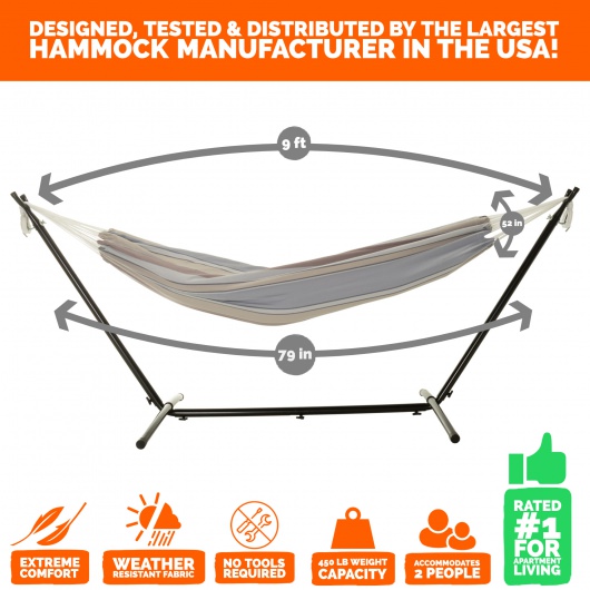 Brazilian Premium Polycotton Fabric Hammock Combo with Space Saving Stand & Storage Bag - Gray Stripe